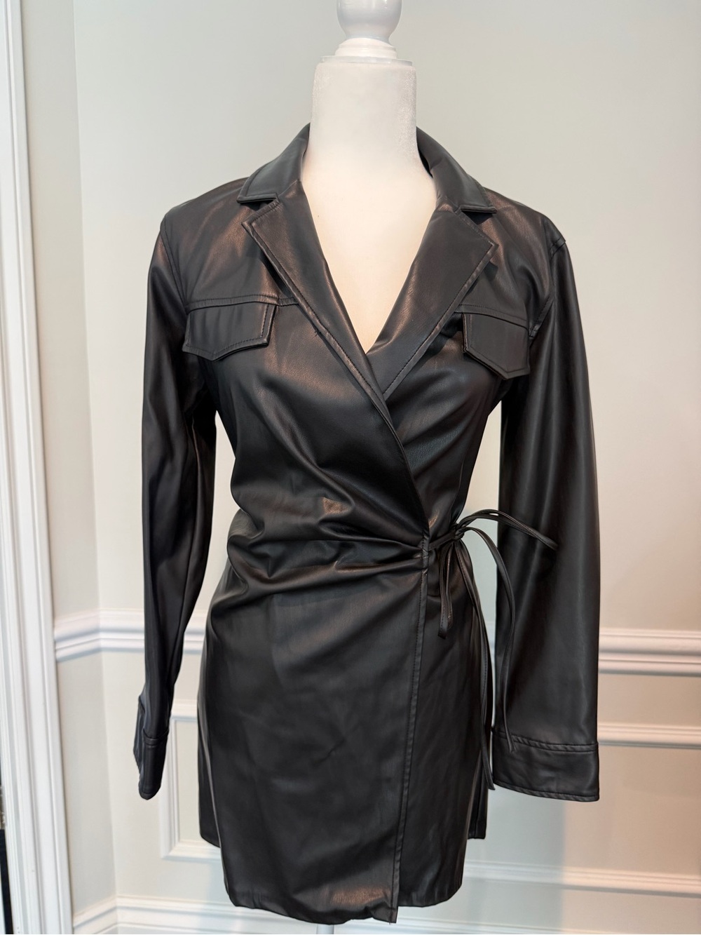 Zara Black Faux Leather Wrap Mini Dress